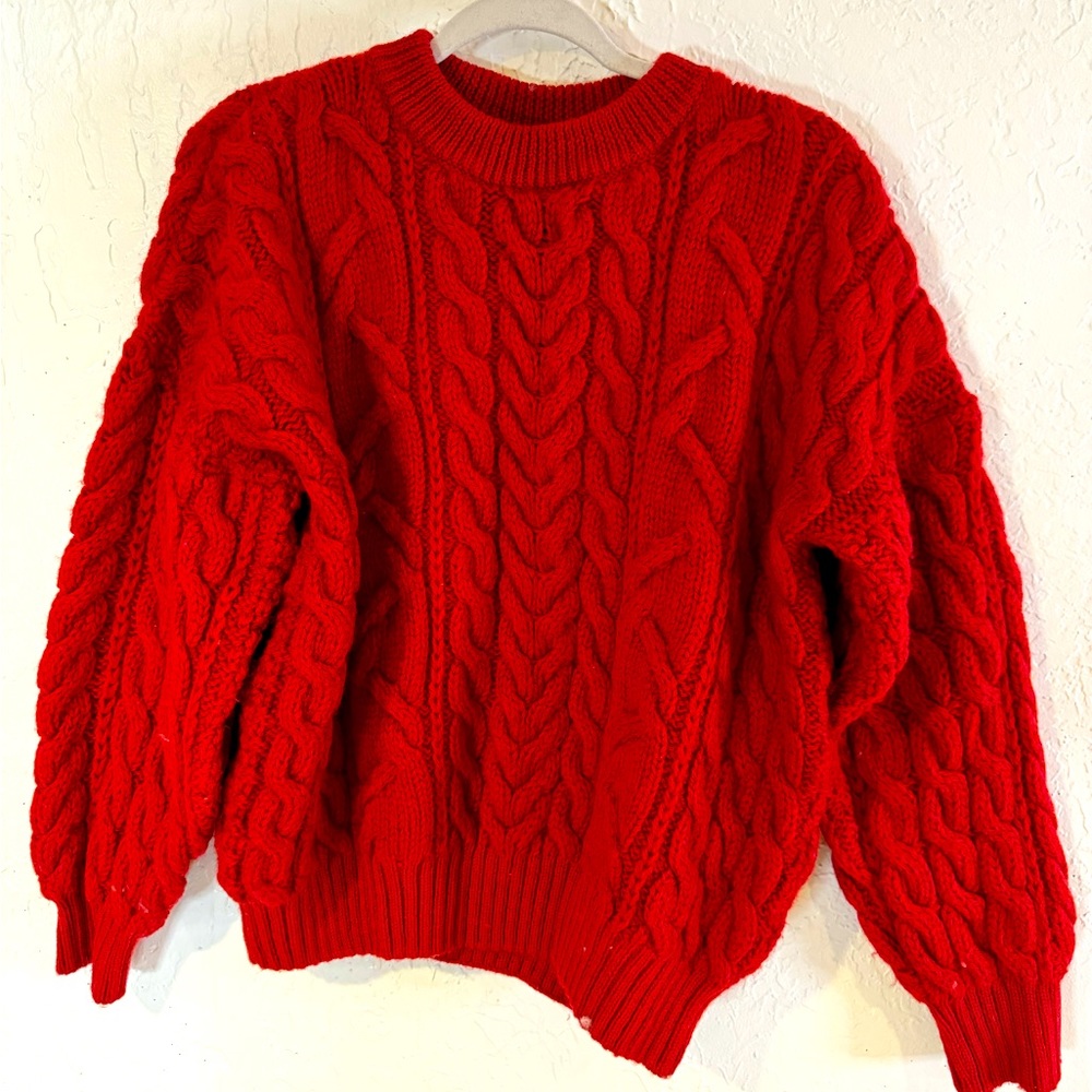 Classic 100% Wool Red Cable Knit Sweater